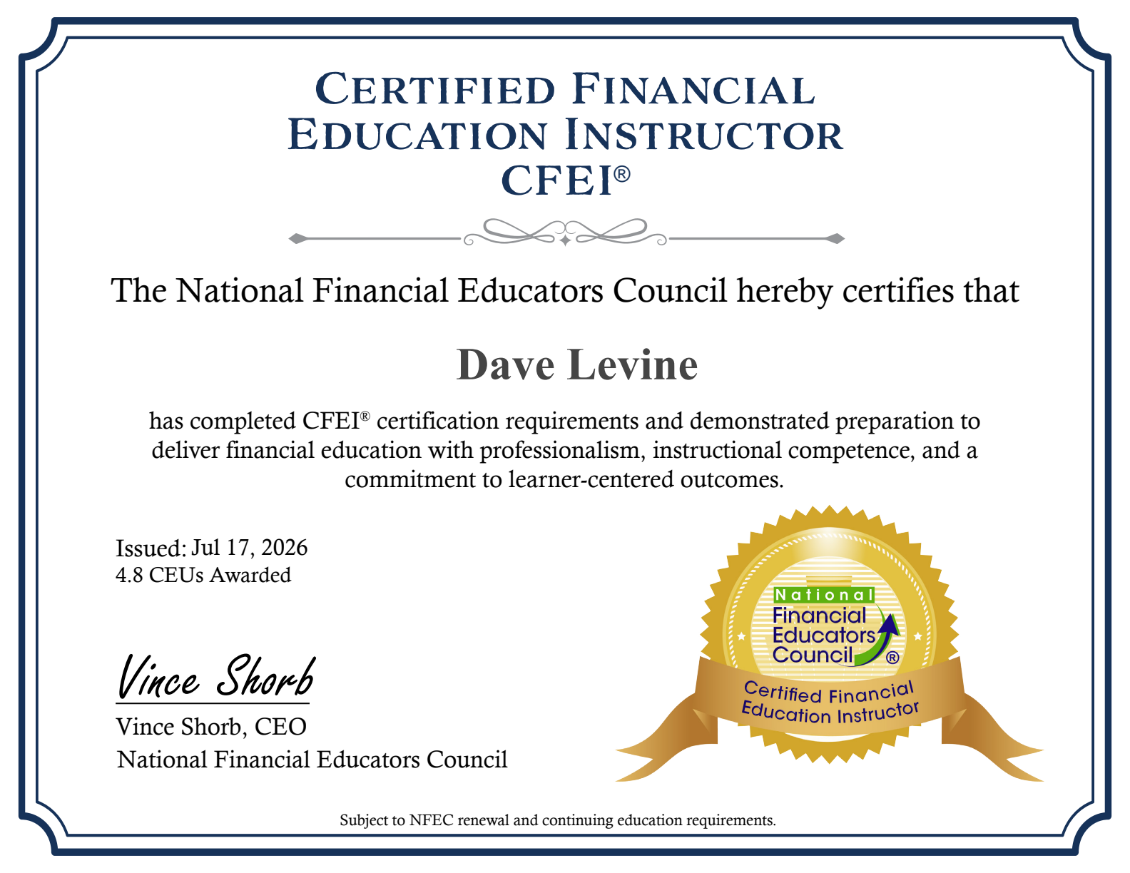 Dave Levine Certified Financial Education Instructor certificate